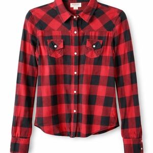 Red and Black Plaid Button-Up Snap Shirt